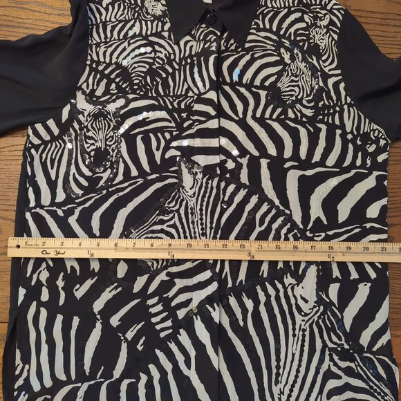 Vintage Diane Gilman Zebra Print Button-Up Black‎ White Silk Sequin Blouse Sz S - Picture 11 of 16